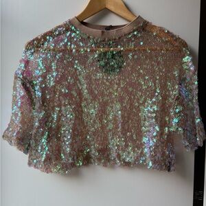NWT Rehab Lab Sheer Iridescent Sequin Boxy Crop Top, M